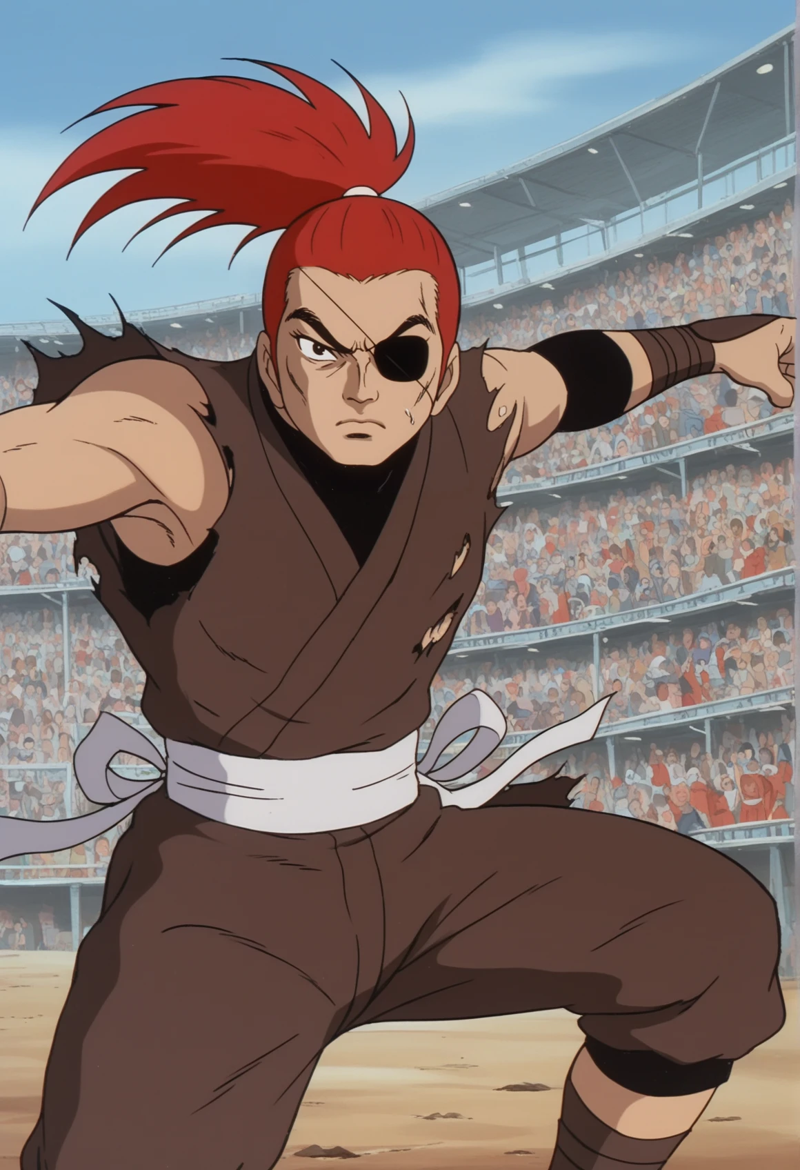 restro artstyle, 1970s \(style\), anime screencap, solo, 1boy, ninja, sleeveless, torn clothes, red hair, ponytail, long hair, eyepatch, fighting stance <lora:1970_shonen:1>, score_9, score_8_up, score_7_up, score_6_up, score_5_up, score_4_up, BREAK source_anime, masterpiece