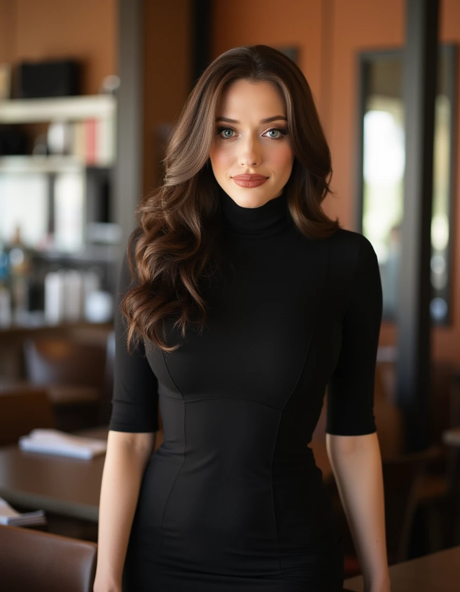 <lora:Kat_Dennings_Flux:1> This is an image of a women, beautiful detailed photograph,  brown hair cascading , makeup  wearing a formfitting turtleneck dress, standing in cafe looking at the viewer, smile