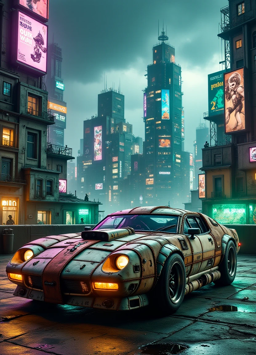 A futuristic sci-fi cityscape with a patchwork of old and new architecture, featuring a utilitarian hovercar parked on the rooftop of a skyscraper, surrounded by UV lights and neon glow emanating from advertisements and billboards. In the foreground, a sleek leather roof box is strapped to the car's side panel, with intricate seams and stitching visible beneath the light.