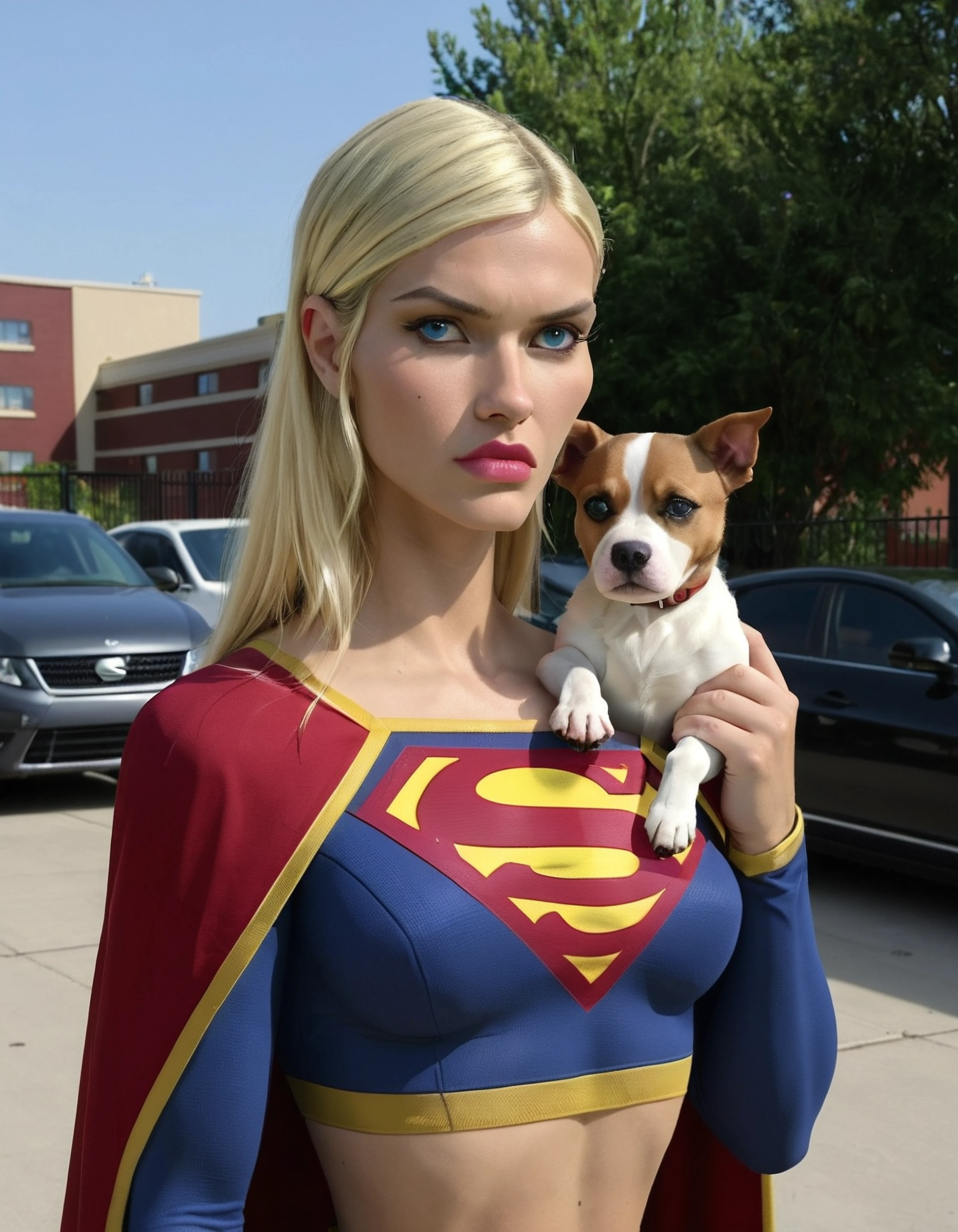 PHOTO, 1girl and 1dog, Kara Zor-El, blonde hair, blue eyes, toned skin, narrow waist, determined expression, midriff exposed, Supergirl suit, red cape, cute dog, posing, holding a puppy, 1 dog, puppy