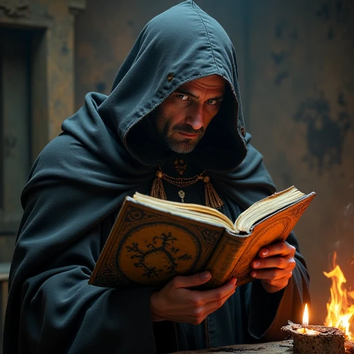 an image of a cultist of the bretheren looking at a heavily charred and singed magic text which looks as if it has been burned in a fire