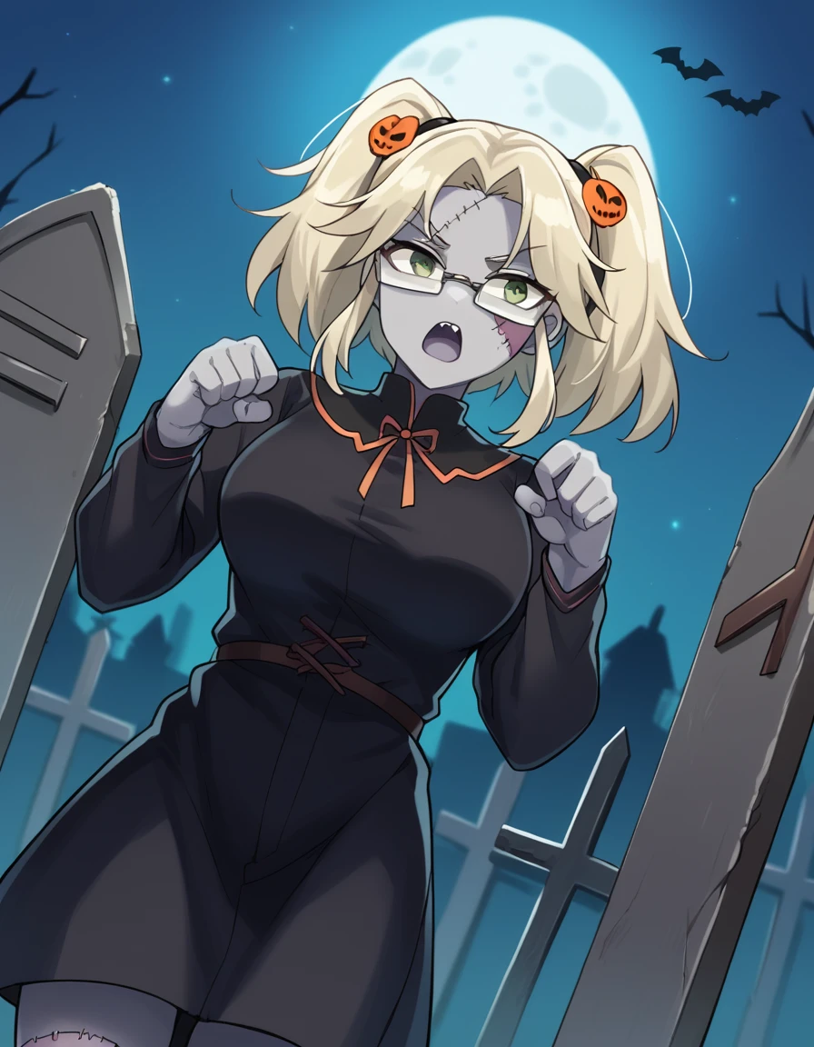 score_9, score_8_up, score_7_up, source_anime, <lora:sk-imu-s1-ponyxl-lora-nochekaiser:1>, imu, green eyes, glasses, hair ornament, twintails, parted bangs, blonde hair, large breasts,, <lora:zombie-ponyxl-lora-nochekaiser:1>, zombie, colored skin, stitches, grey skin, multicolored skin, stitched face, zombie pose, halloween, halloween costume,, night, moon, graveyard, tombstone, grave, open mouth, , dutch angle, cowboy shot