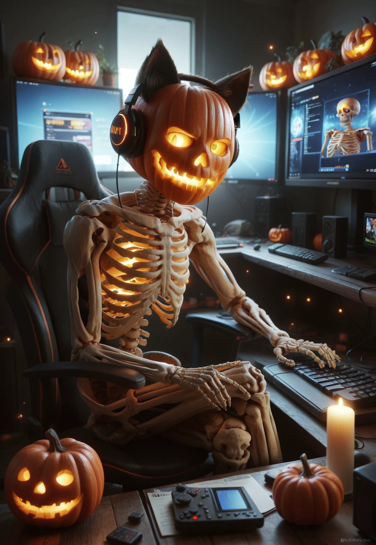 score_9, score_8_up, score_7_up, Skel-o'-lantern, skeleton, jack-o'-lantern, surrounded by many jack-o'-lantern, no humans, sitting on gaming chair, in front table, gaming computer, keyboard (computer), cat ears headphones, red-green-blue light, game console, crossed_legs, indoors, bat flying in the background, night, glowing eyes, glowing mouth,