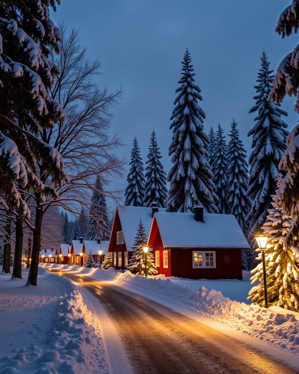 wintertime,heavy snoweing, cozy calm swedish little town on christmas eve. its dark and its snowing


