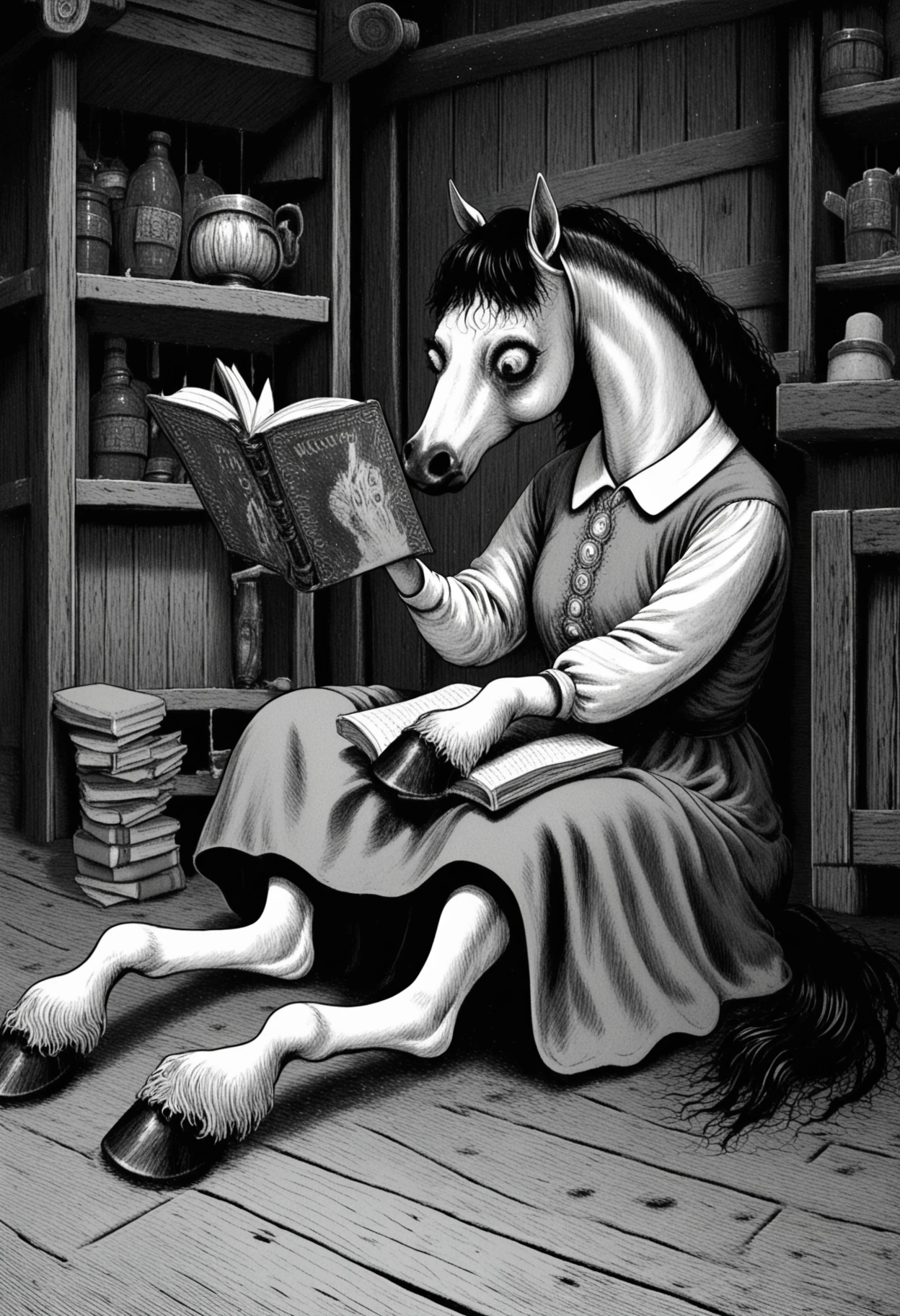 jitostyle, monochrome, greyscale, horror (theme), safe_pos, score_9, score_8_up, score_7_up, 1girl, solo, medieval fantasy, female horse, furry, reading a book, tavern, hooves