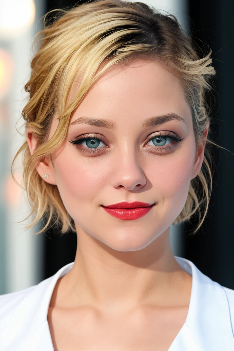 maricott-530, ((detailed eyes, detailed face, masterpiece, best quality, high resolution):1.2),  ((red lipstick, blush, eyeliner, eye shadow)),  , ((blonde hair)), ((modest, conservative, fully clothed):1.2) ((detailed eyes, detailed face)), (red lipstick, eye shadow, eyeliner), slight smile, , a photo of a woman, soccer uniform, soccer ball, stadium, short, shirt, soccer field, short hair, pixie cut