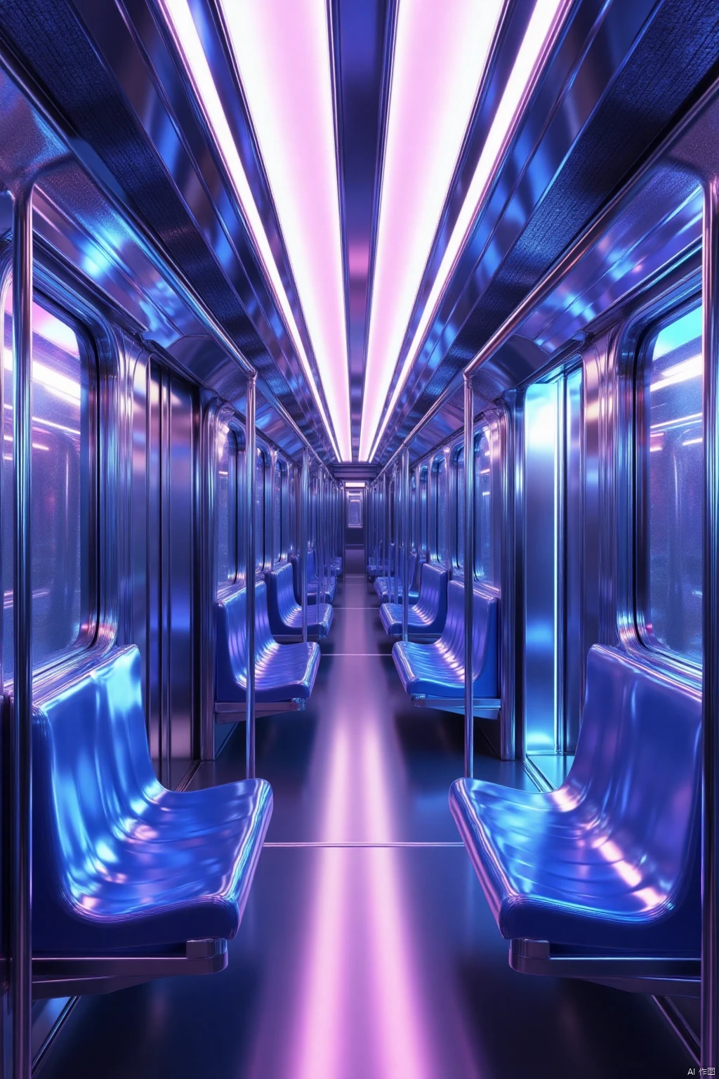 OBchong,
A sleek, metallic, futuristic train, its interior featuring minimalist seating and iridescent lighting, traveling through a landscape of glowing, iridescent trees and minimalist structures.