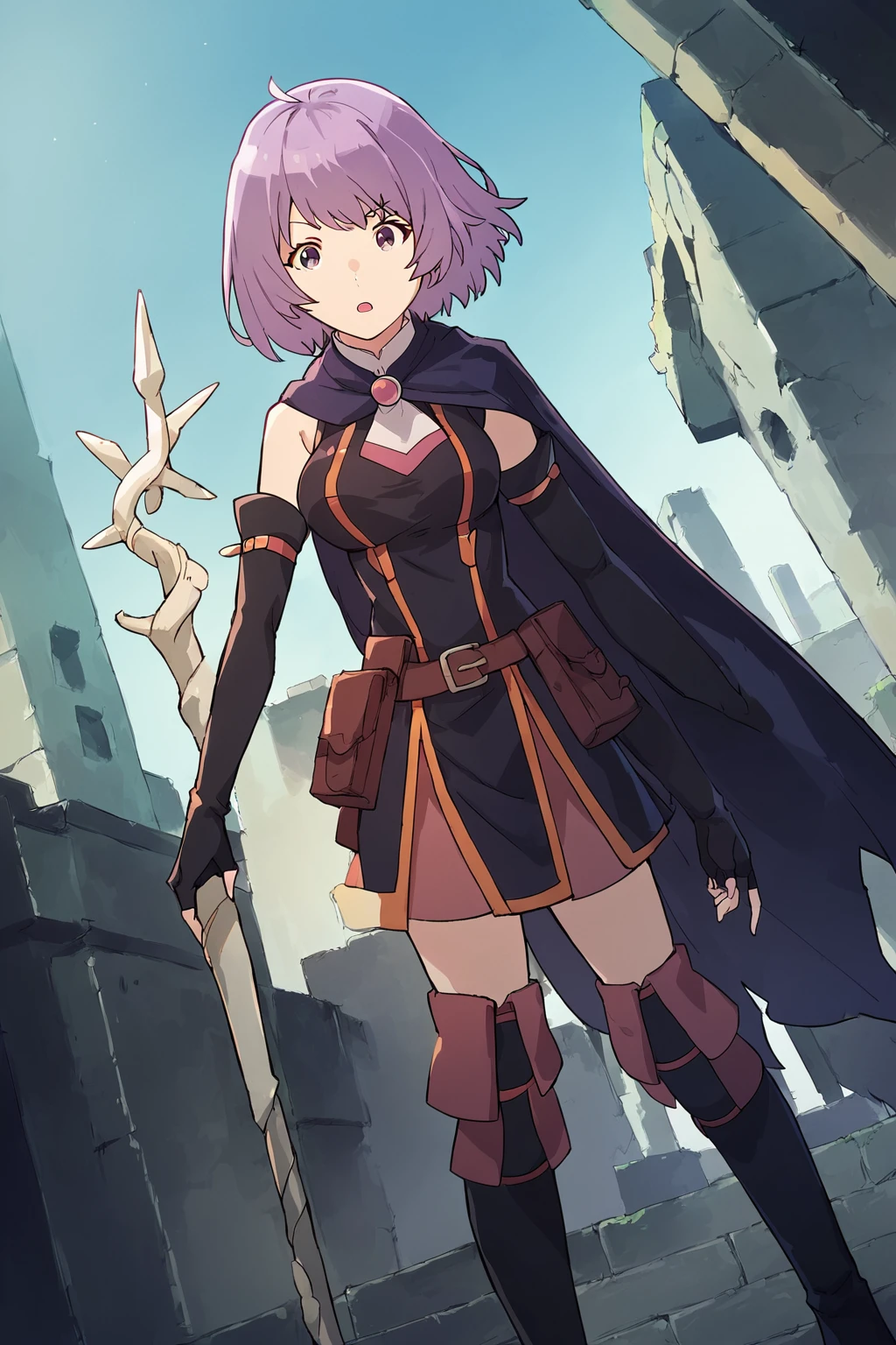 score_9,score_8_up,score_7_up,source_anime,<lora:Shihoru10:1>,ruins,best quality,dutch angle,detached_sleeves,fingerless_gloves,boots,holding_wand,cape,nsfw,purple_hair,purple_eyes,open mouth,