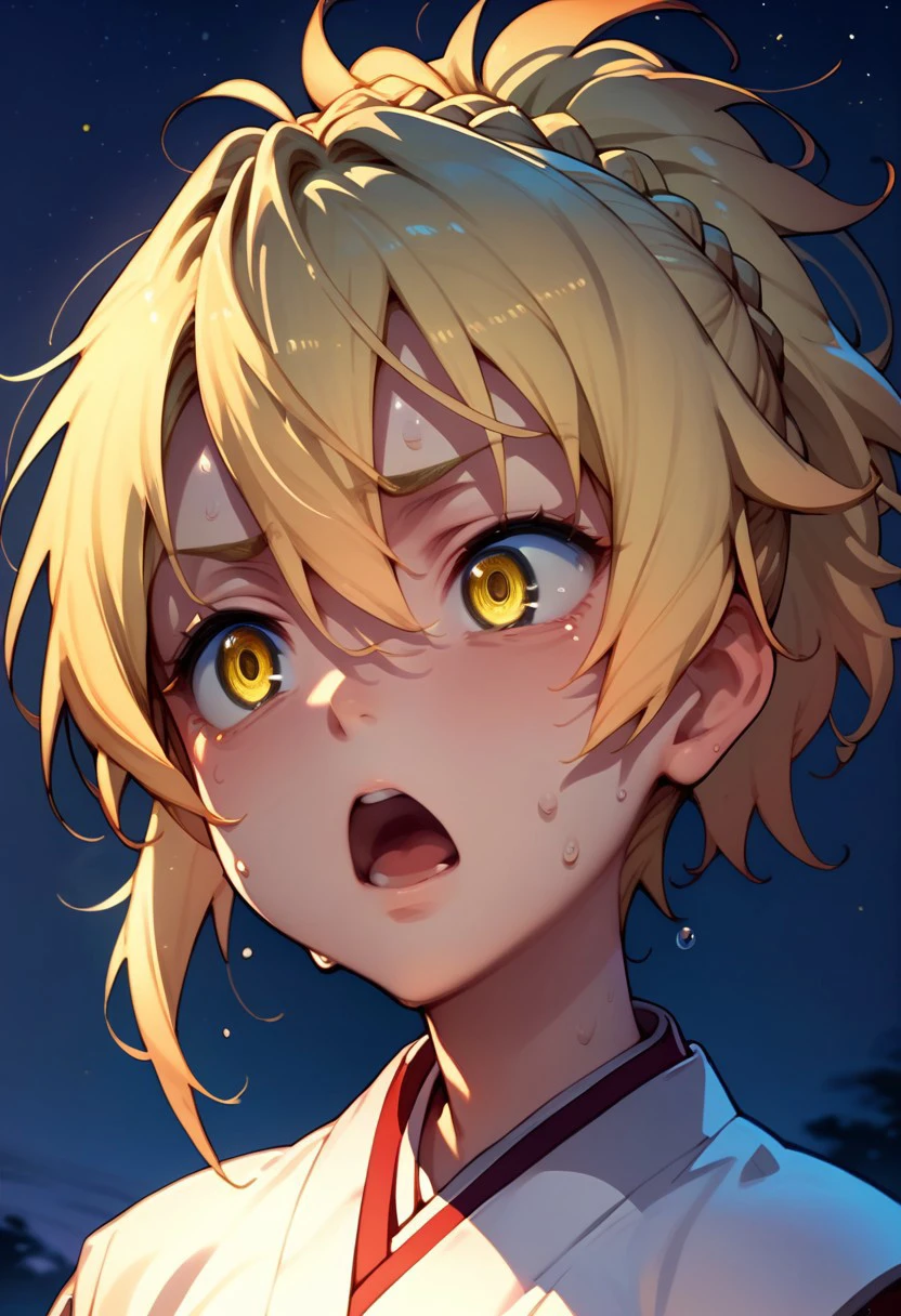 score_9, score_8_up, score_7_up, 
kun0u ,Kunou ,
 1girl, solo, short hair, open mouth, blonde hair, hair between eyes, yellow eyes, ponytail, braid, sweat, japanese clothes, sky, sweatdrop,night,  night sky,  anime coloring