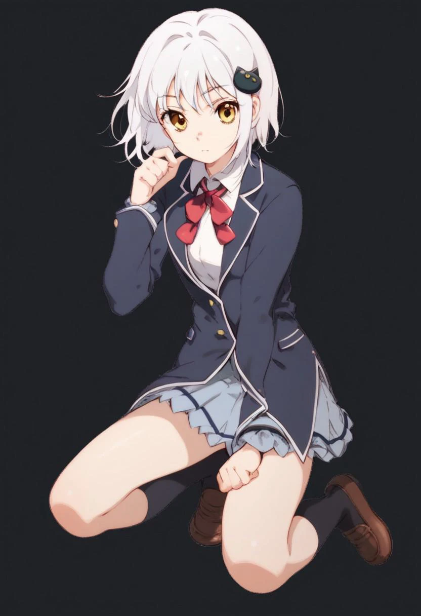 score_9, score_8_up, score_7_up, 
k0n3k0t0uj0u,Koneko Toujou, 1girl, solo, looking at viewer, short hair, skirt, simple background, hair ornament, long sleeves, ribbon, school uniform, full body, yellow eyes, white hair, shoes, socks, kneehighs, black background, black socks, cat hair ornament