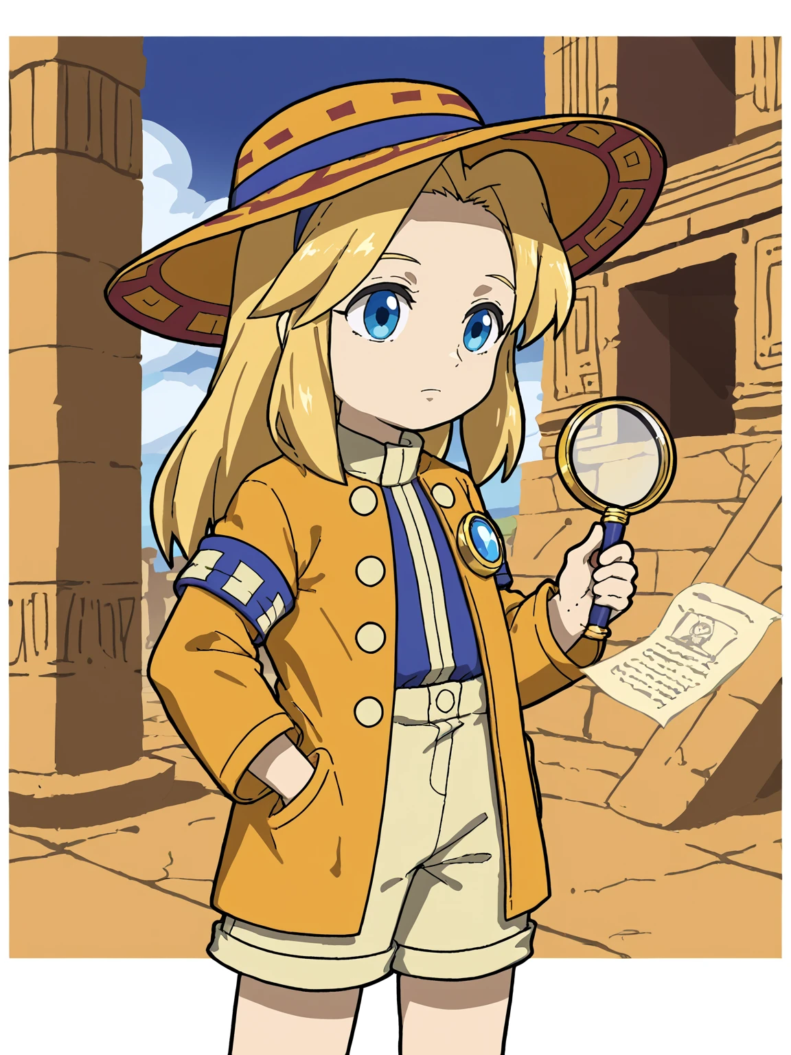 source_cartoon, solo, CSPNY1, aztec ruins, <lora:Maria (Sonic x Shadow Generations) PDXL v2:0.75>, sxsgmaria, blonde hair, score_7_up, explorer outfit, olive coat, olive shorts, hat, magnifying glass, paper