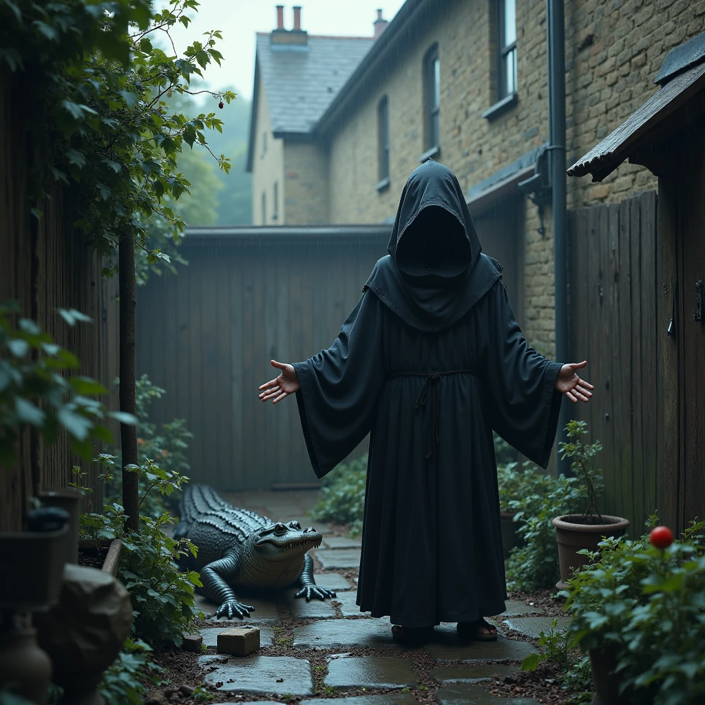 Imagine a photorealistic image of a lone small and lanky member of the Elucidated Brethren, dressed in a ragged black robe, backing away arms held out from a large crocodile which is lurking at the end of a tiny terraced house garden, the crocodile hisses at him with jaws open menacingly, it is dark and the rain is falling.