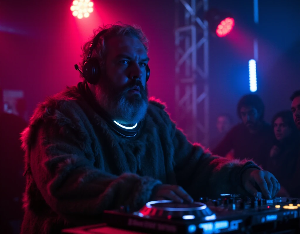 Hodor, a man dressed with fur is a dj and wears headphone. He is animating a party in a nightclub and he is having the time of his life. Showlights and laser. He wears a phosforescent ring around his neck <lora:Hodor:0.9>