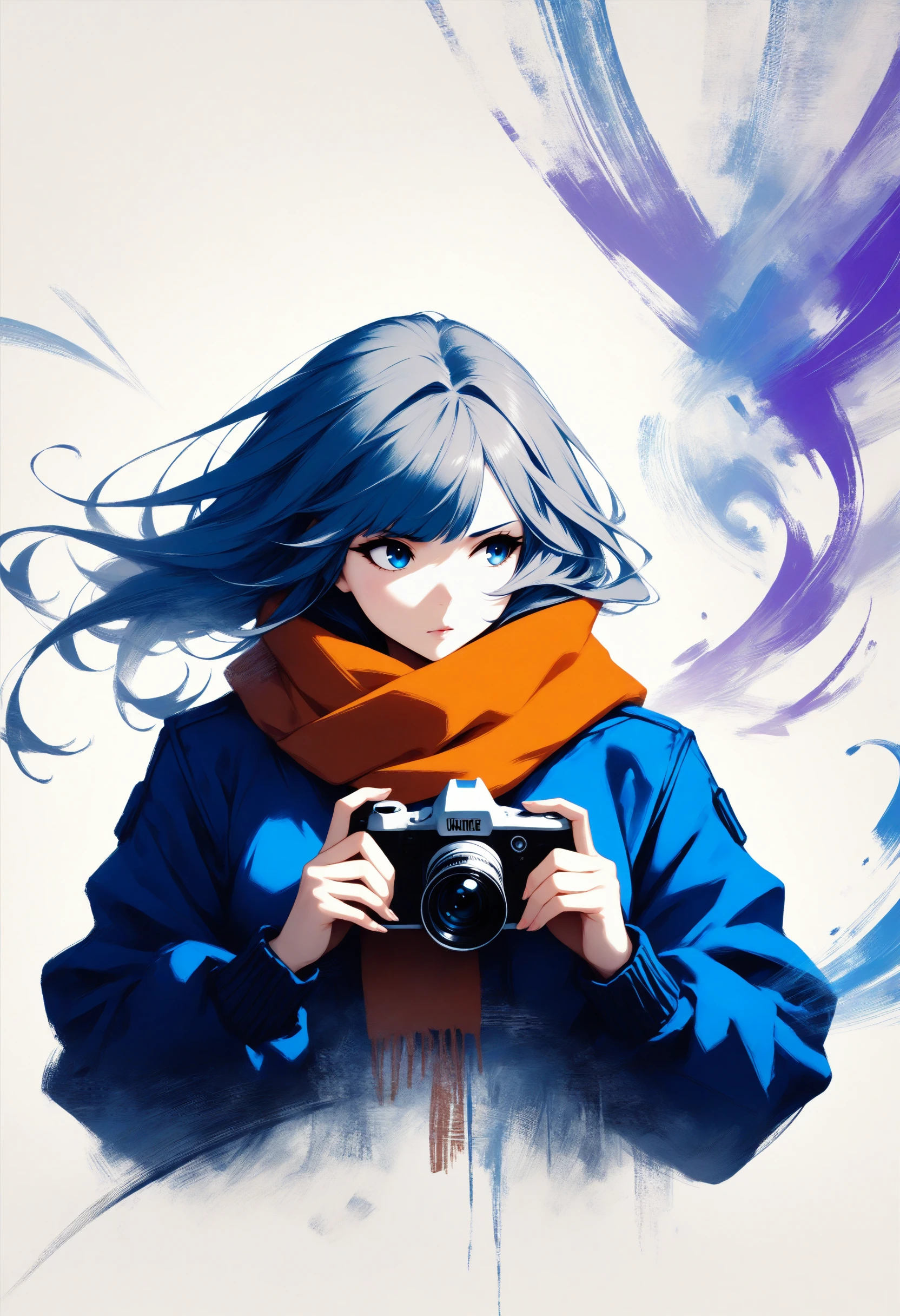 masterpiece, best quality, good quality, newest, solo, 
<lora:wrenchDreamInkIllus:1>, wrnchDreamInk, abstract, 1girl, blue jacket, camera, holding, jacket, looking to side, orange scarf, scarf, simple background, upper body, white background, holding camera, solo,