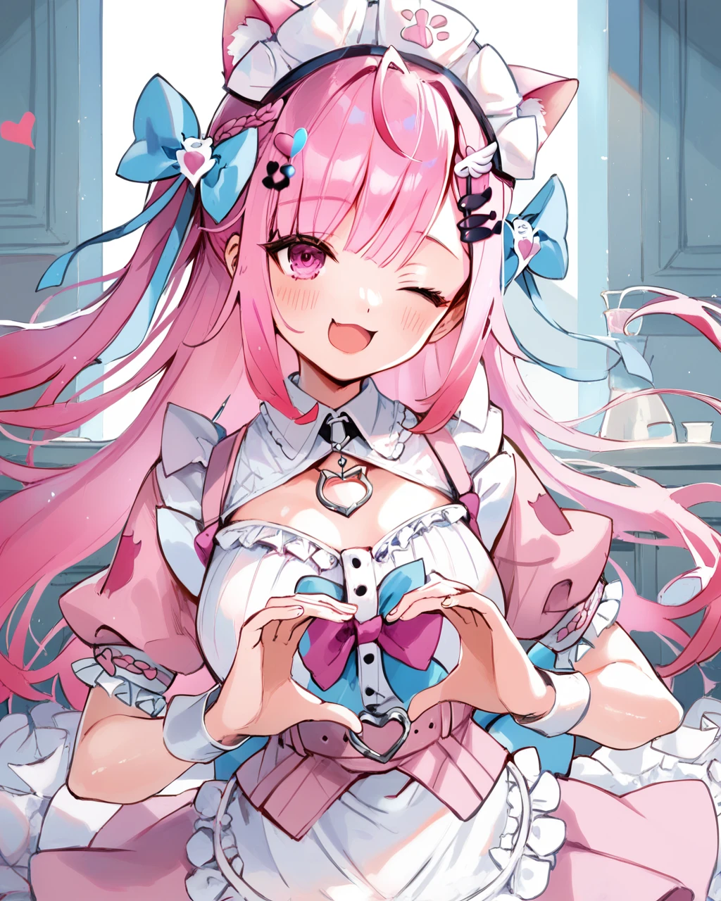 <lora:Sakuna YukiPDXL_v1:1>Sakuna YukiPDXL, 1girl, solo, one eye closed, pink hair, heart, short sleeves, puffy sleeves, smile, breasts, puffy short sleeves, virtual youtuber, apron, looking at viewer, blush, frills, heart hands, white apron, wrist cuffs, open mouth, dress, upper body, score_9, score_8_up, score_7_up,