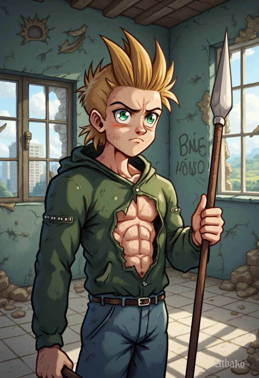 (Xsiestx,Xcolx,Xmangx:1.6),very close portrait,A Young man,ocre blonde hair green chaket  and green and blue eyes,  long spear
BRAKE 
in abandoned room, broken windows, Cracked walls, debris on the floor, dirty square tile floor, graffiti stains on the walls, weather-worn environment