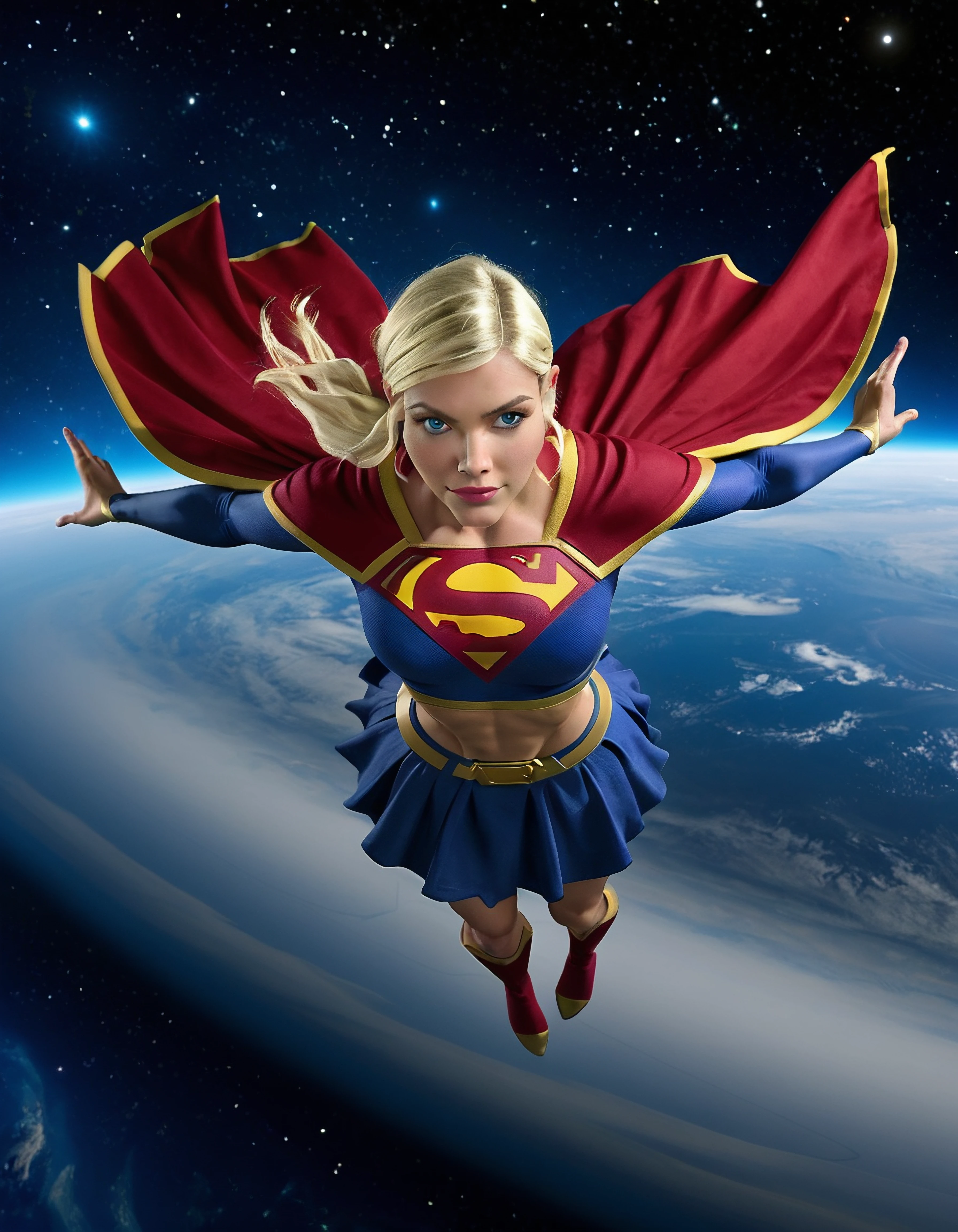 PHOTO, 1girl, Kara Zor-El, blonde hair, blue eyes, toned skin, narrow waist, midriff exposed, Supergirl suit with long sleeves, red cape, posing, space background, floating in space, flying, mid air