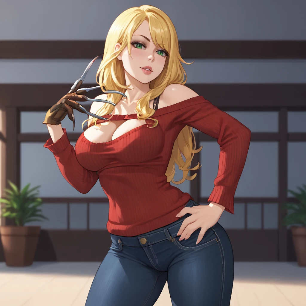 <lora:bishoujofreddy_pony_v1:.8>  BishoujoFreddy, 1girl, blonde hair, large breasts, long hair,makeup, green eyes, claws,  claw (weapon), mole, eyeshadow, gloves, cowboy shot, sweater, jeans