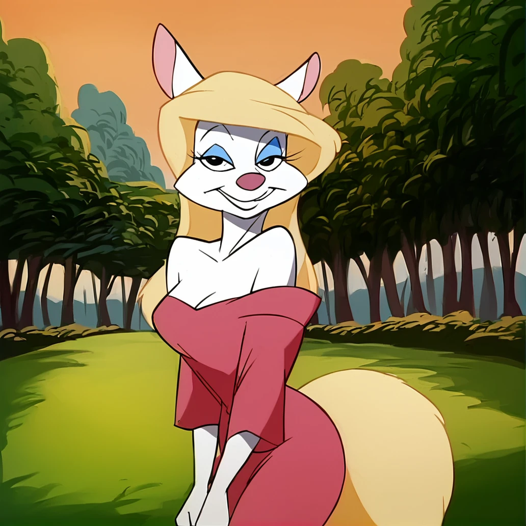 score_9, score_8_up, score_7_up, smile, ((seductive)), outdoors, trees, sky, grass, TVStyle, looking at viewer, ((alluring)) cowboy shot, day
BREAK
<lora:Minerva_Mink_XL_Animaniacs:1>, minerva mink, 1girl, solo, black eyes, white skin, blue eyeshadow, blonde hair, long hair, blonde fox tail, furry female, narrow waist, pink animal nose, ((sexy:1.3 pose)), off shoulder, reddress4date
BREAK
 sharp focus, 8k high definition, intricate details, (intricate), (finely textured),   zPDXL3_634798