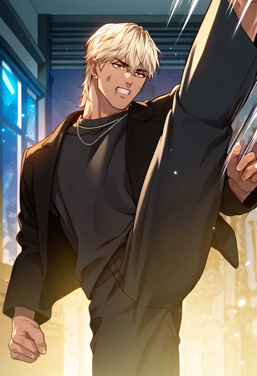 1boy, male focus, solo,
<lora:Character - Questism - JaehaHanPony-40:1> jaehahan, blonde hair, brown eyes, necklace, stud earrings, dark-skinned male,
,((zPDXL)), score_9_up, score_8_up, score_7_up, score_6_up, score_5_up, score_4_up, best quality, amazing quality, best aesthetic, amazing aesthetic, absurdres, year2023, uncensored, very nsfw, official art, official style, depth of field, detailed eye,
night, indoors, black shirt, jacket, ruins, pants, angry, (kicking:1.4), motion lines, dark aura, serious, dirty face, dirty clothes, dirty, clenched teeth,
<lora:Style - Expressive_H-000001:1> expressiveh