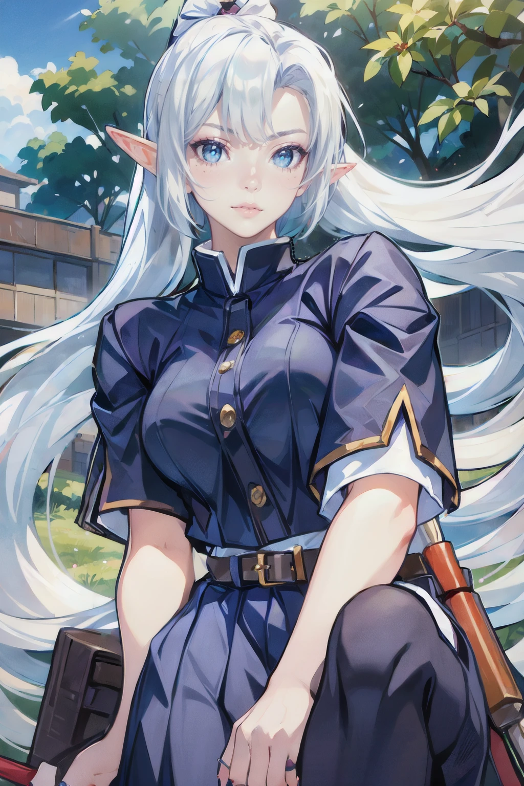 <lora:Tel'annas_Jujutsu_Kaisen_Outfit_AoV_Model_LoRA:0.8>, Tel'annas_JJK, 1girl, solo, long hair, very long hair, white hair, ponytail, high ponytail, bangs, hair bow, ((pointy ears, elf)), looking at viewer, blue eyes, lips, parted lips, closed mouth, breasts, large breasts, japanese clothes, navy blue clothes, hakama, cropped jacket, white shirt, short sleeves, gloves, fingerless gloves, single glove, nail polish, red nails, belt, ((sheath)), skirt, hakama skirt, navy blue skirt, boots, black footwear
, outdoors, sky, day, cloud, tree, blue sky, shadow, sunlight, building, scenery, best quality, ultra high res, (photorealistic:1.4), masterpiece, real life skin, hyper real