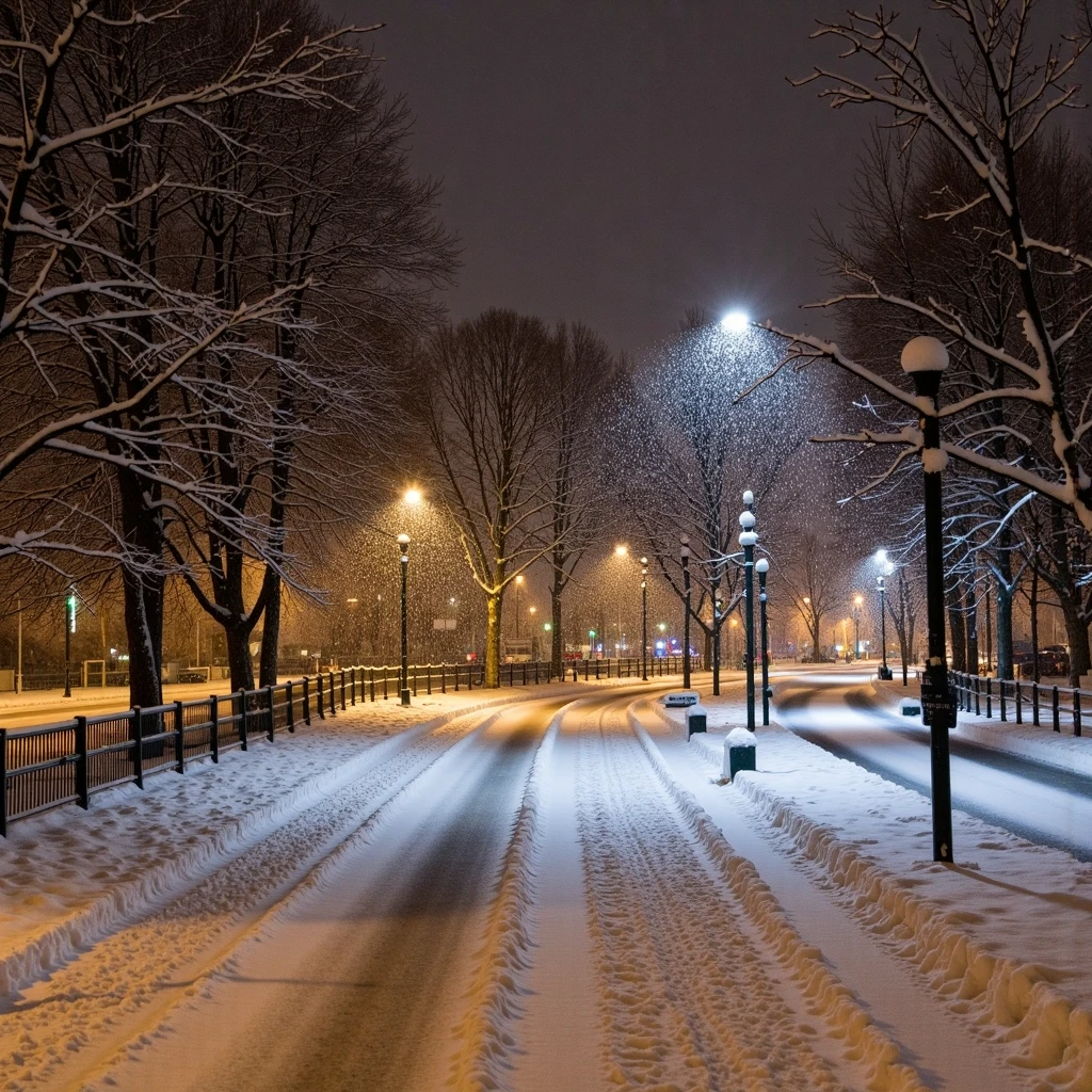 wintertime, A phone photograph of snow falling in rotterdam at night, posted to Reddit in 2019.


