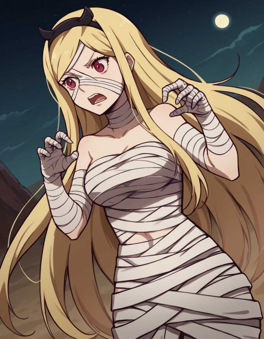 score_9, score_8_up, score_7_up, source_anime, <lora:elizabeth-greenhough-smith-s1-ponyxl-lora-nochekaiser:1>, elizabeth greenhough smith, long hair, blonde hair, red eyes, very long hair, hairband, parted bangs, black hairband, medium breasts,, <lora:mummy-costume-ponyxl-lora-nochekaiser:1>, mummy costume, bandages, halloween costume, bandaged arm, zombie pose, bandage on face,, desert, moon, night, open mouth, , dutch angle, cowboy shot