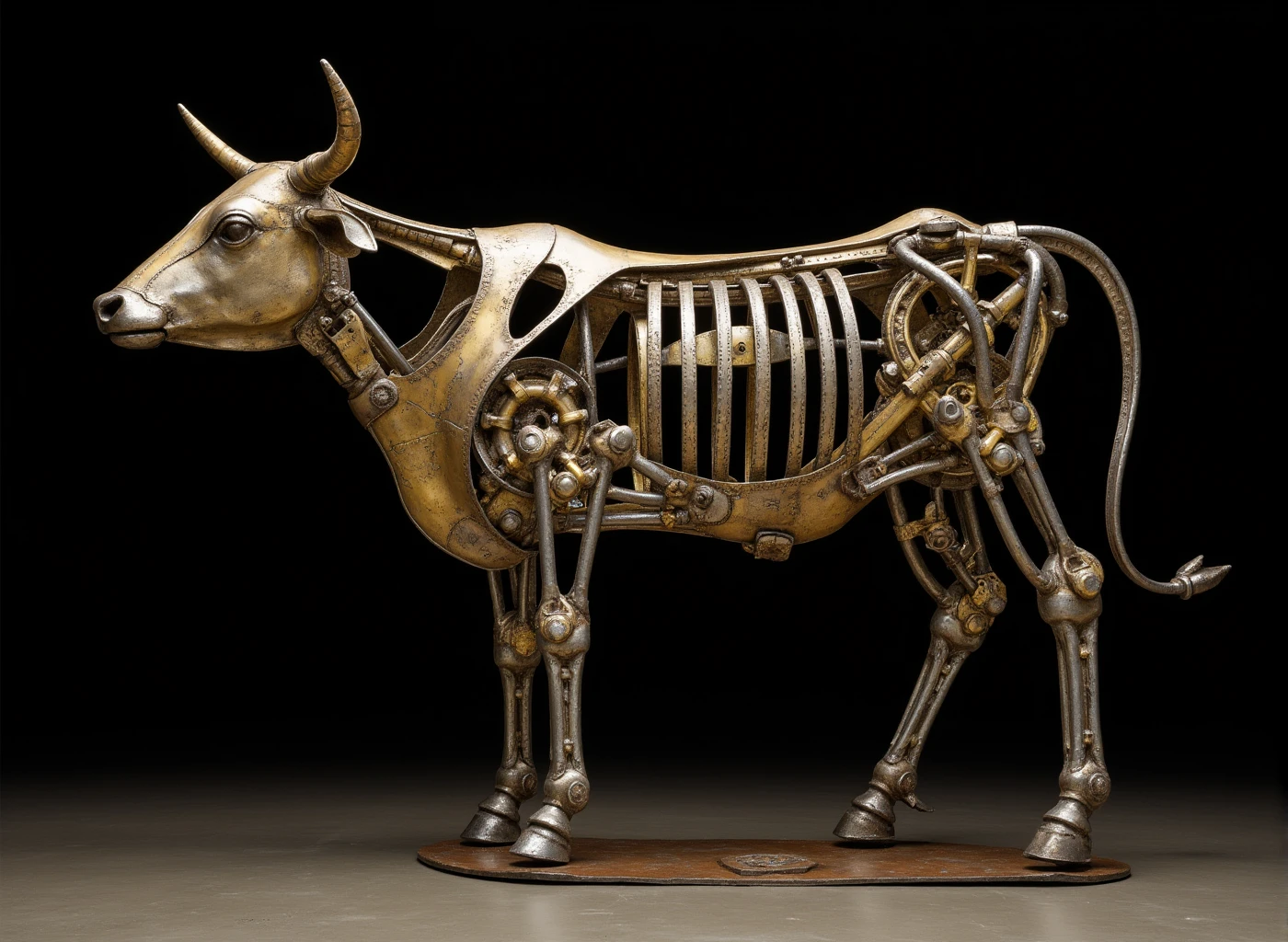 sculptur3 made of distressed steel and gold, metal hollow frame construction, mechanic hybrid cow, black night background, even lighting, professionally photographed from a ground angle 