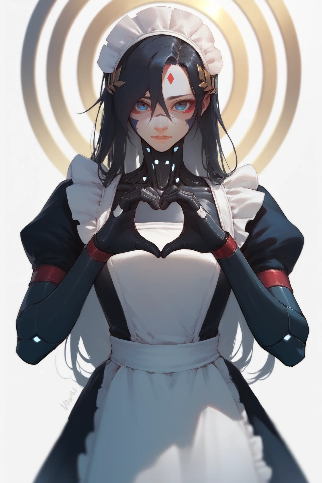 signalisfalke, long hair, black hair, solo, blue eyes, facial mark, android, headdress, maid outfit, heart hands  <lora:Signalis_Falke-PONY:0.8>, score_9, score_8_up, score_7_up, score_6_up,