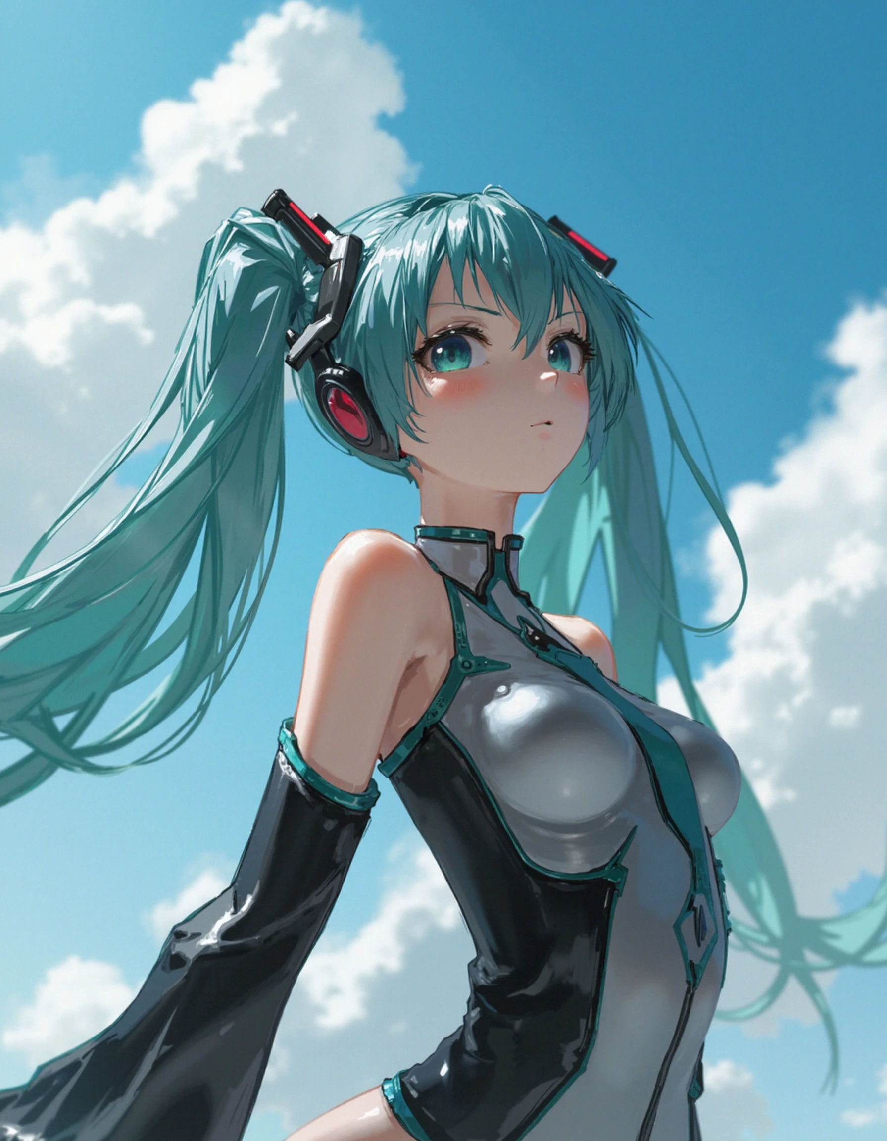 Hatsune Miku a popular virtual YouTuber is depicted in a dynamic pose gazing upwards with a confident expression. She wears a sleek high-tech outfit with a black and turquoise color scheme accentuated by her iconic twin tails and a futuristic design. The background features a bright sunny sky with fluffy white clouds.
 <lora:dnstl2:1> DNSTL