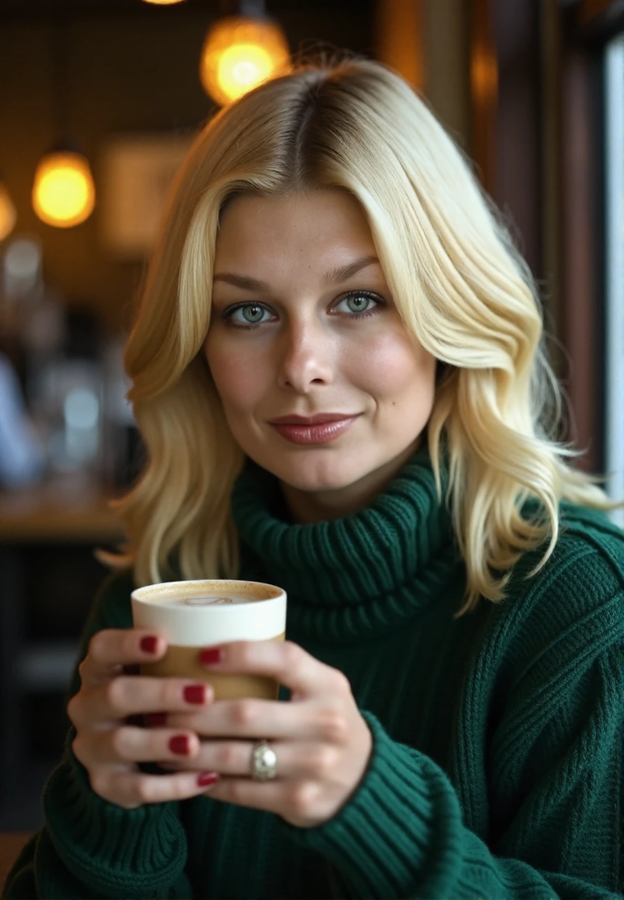 A professional photograph of a blonde haired young woman, Jilly_Johnson, wearing a dark green cable-knit sweater, holding a latte in a cafe, detailed skin, bokeh, SFW<lora:Jilly_Johnson-000018:1>