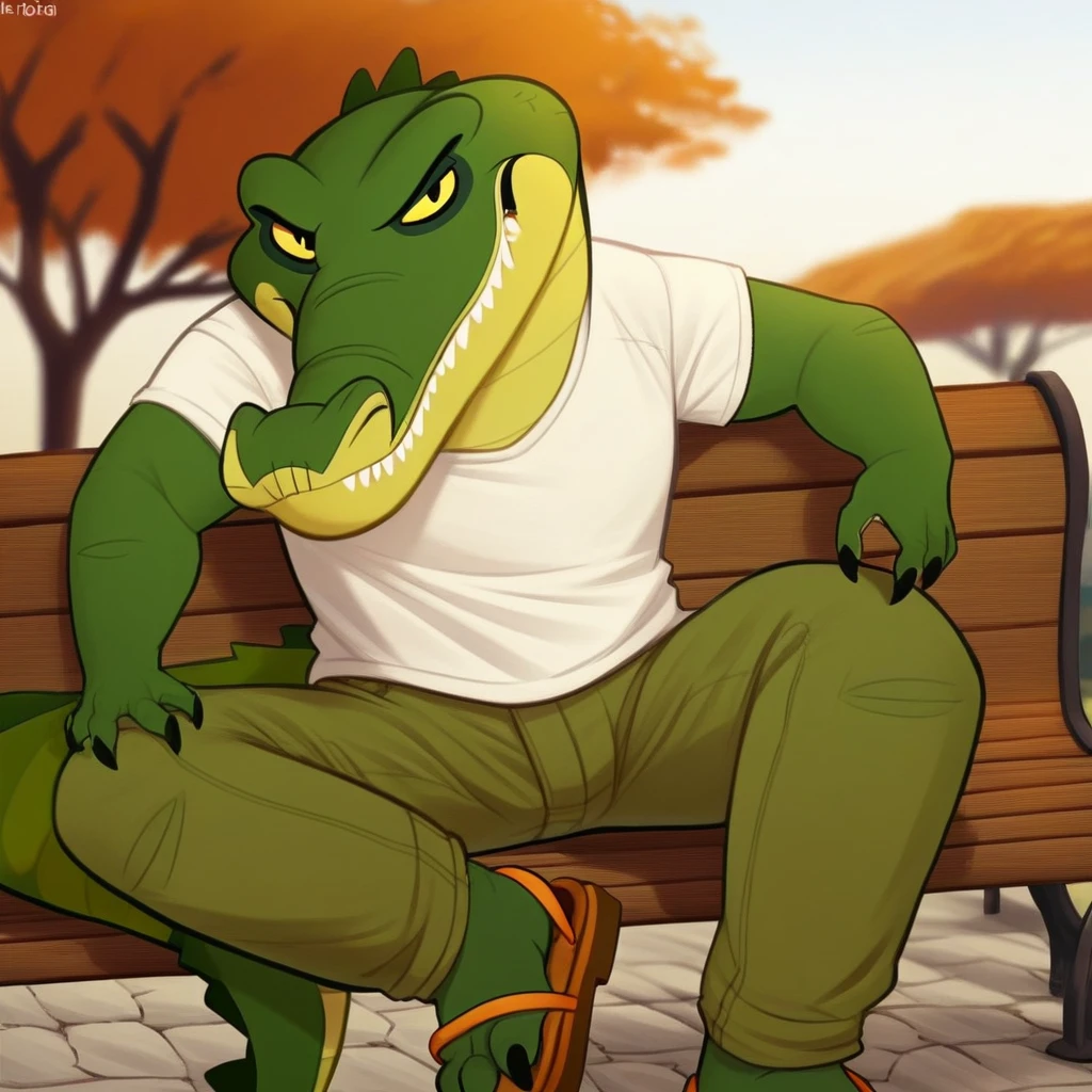 score_9, score_8_up, score_7_up, (((makuu, crocodile, scaly male))), solo, plain tan t-shirt, cargo pants, friendly expression, friendly pose, sitting on park bench, tail, looking at viewer, towards viewer, looming, source_furry, attracted to viewer, autumn park, evening, source_photo, seductive smile, nice feet with claws, ((wearing sandals)), (plantigrade), eating sandwich,