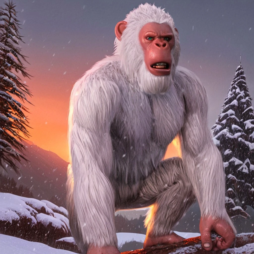 white fur, yeti, abominable snowman, big teeth, primate-like face, snowing, winter background, mountain, sunset, full body shot, shadows, details, fur details, trees, overcast, cave