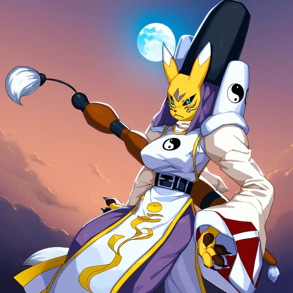 score_9, score_8_up, source_anime, flat color, taomon, furry female, yellow fur, solo, 1girl, blue eyes, black sclera, serious, hat, tabard, shoulder armor, yin yang, breasts, tail, holding, belt, facial mark, animal ears, calligraphy brush, giant brush, sky, night, moon