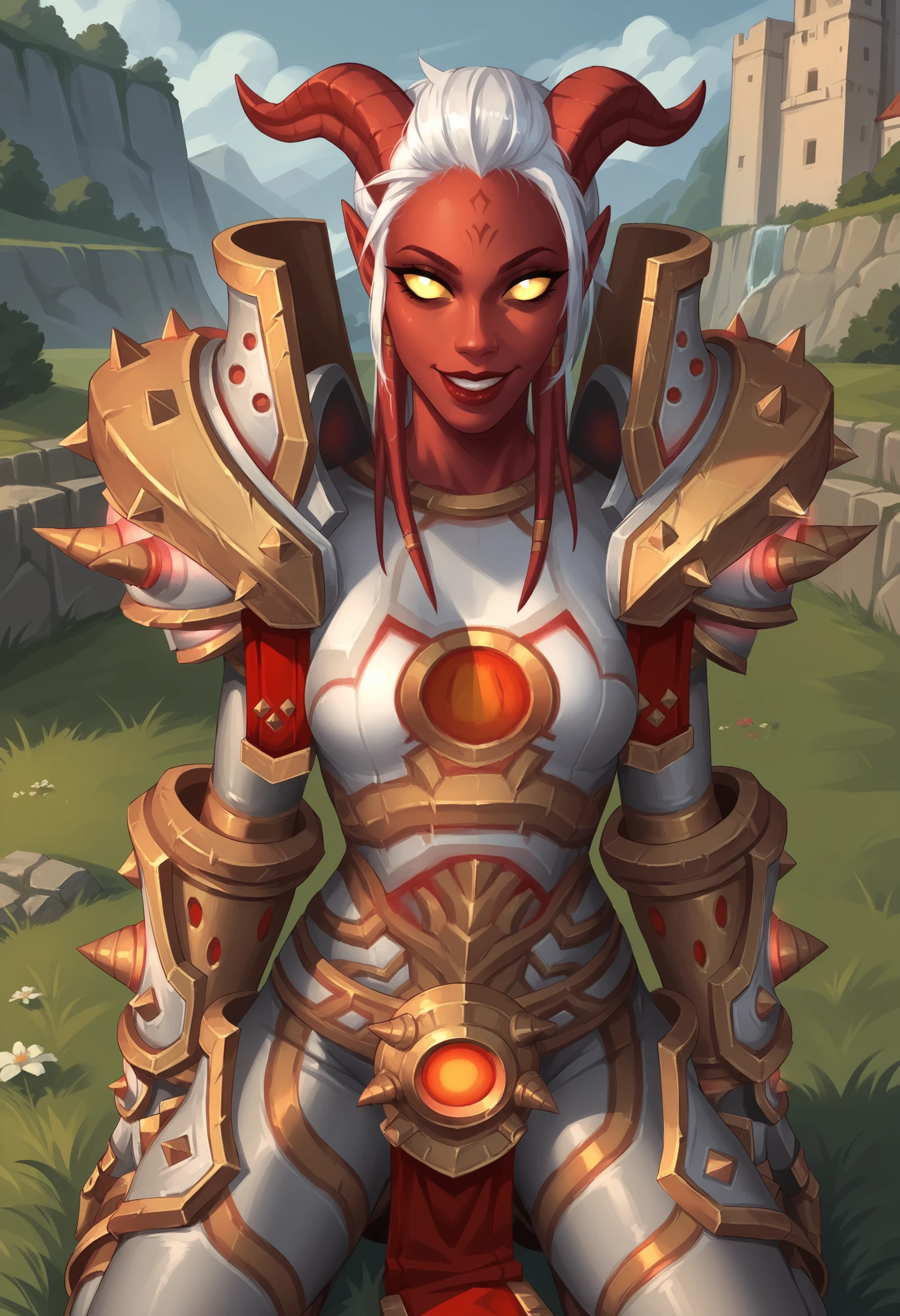 score_9, score_8_up, score_7_up, score_6_up, score_5_up, score_4_up, 1girl, <lora:DraeneiWarriorOC:0.75> colored skin, red skin, yellow sclera, colored sclera, no pupil, pointy ears, white hair, horns, armor, shoulder armor, pauldrons, gauntlets, upper body, kneeling, looking at viewer, front view, open smile,
castle background, grass,