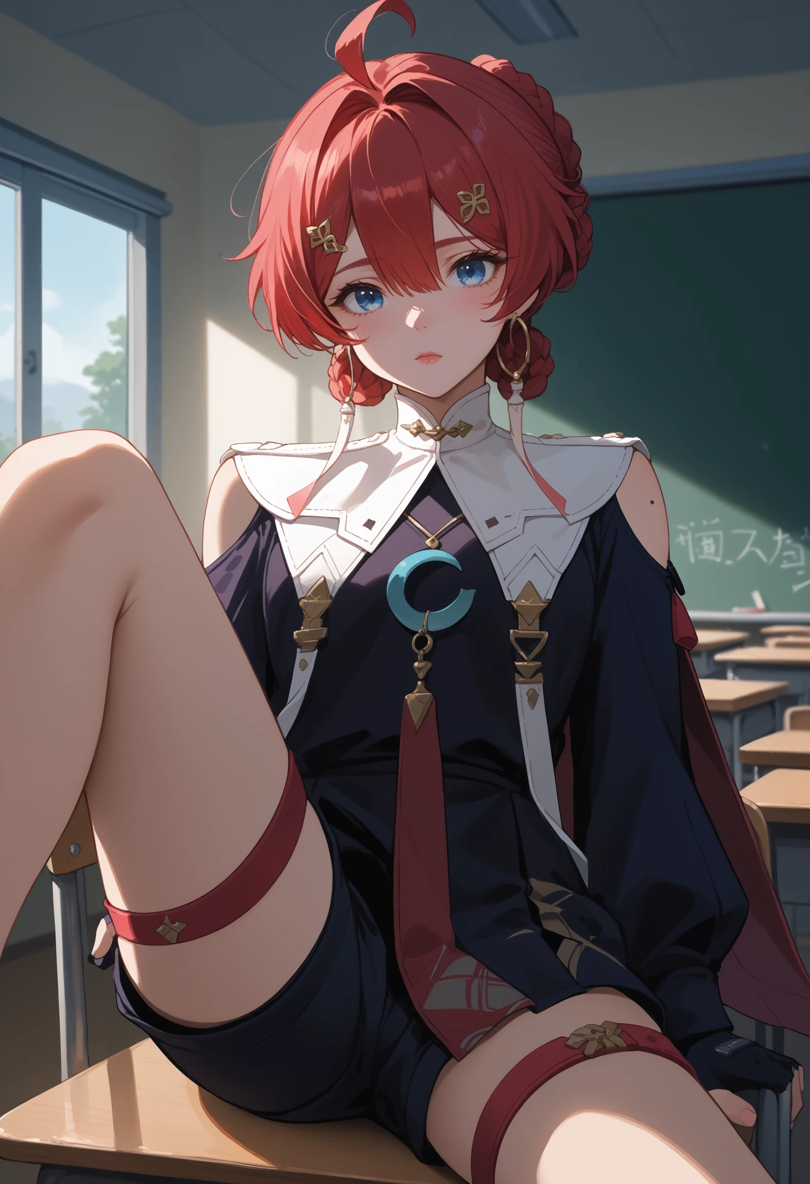 score_9,score_8_up,score_7_up,source_anime,<lora:IsekWutheringWavesDanjin:1>,isekwwdnj,(leg spread:1.2),red hair,short hair,blue eyes,ahoge,hair between eyes,hair intakes,hair bun,black gloves,hair ornament,clothing cutout,long sleeves,shoulder cutout,fingerless gloves,thigh strap,dress,hairclip,black shorts,earrings,jewelry,braid,sitting,chair,classroom,looking at viewer,