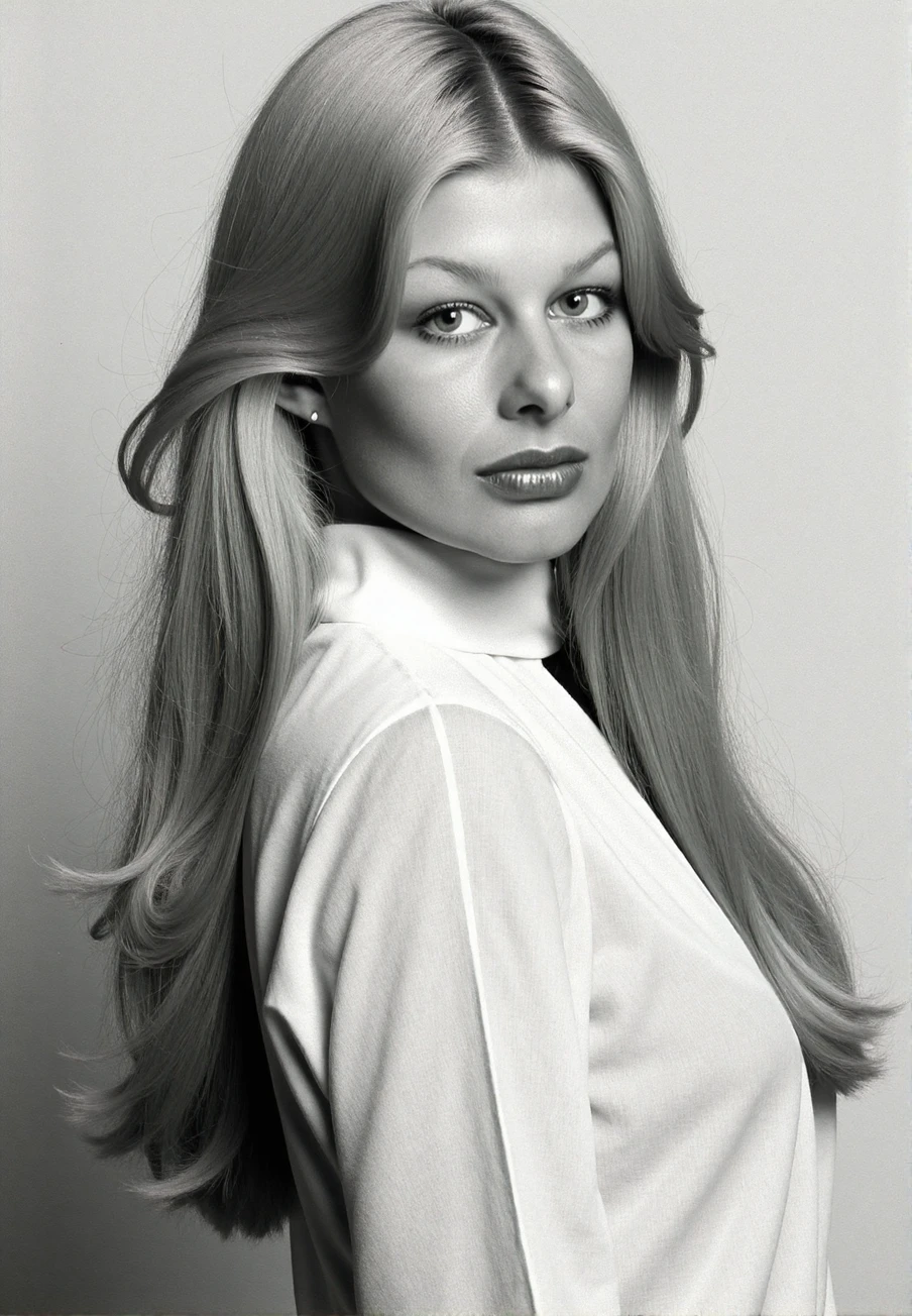 A professional black and white upper body portfolio photograph from the late 1970s of a young woman with long blonde hair, Jilly_Johnson, wearing a highnecked blouse, against a plain background, shot on analog film, striking makeup, detailed skin, (SFW)<lora:Jilly_Johnson-000018:1>