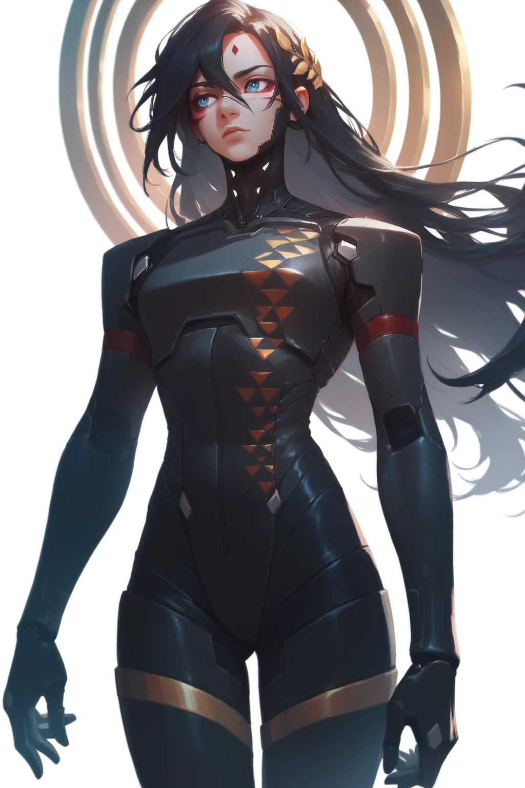 signalisfalke, long hair, black hair, solo, crown laurel, blue eyes, bodysuit, facial mark, android, cowboy shot, white background  <lora:Signalis_Falke-PONY:0.8>, score_9, score_8_up, score_7_up, score_6_up,