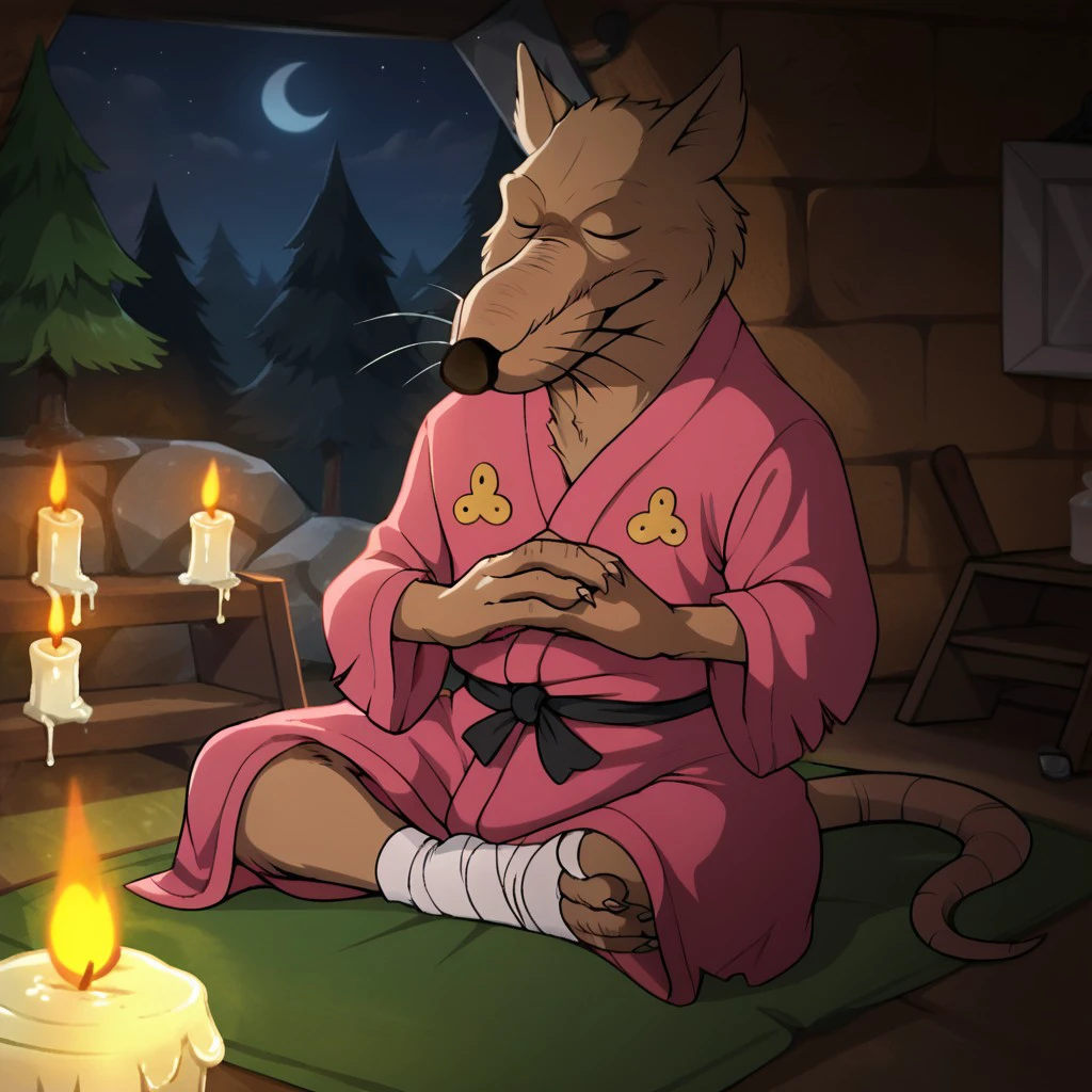 score_9, score_8_up, score_7_up, score_6_up, score_5_up, score_4_up, source_furry, Splinter87, anthro, male, rat,  brown fur, rat tail, sitting, in the forest, at night, candles, meditating, eyes closed, pink kimono, foot wraps, <lora:f98219d2-3ae7-41dc-bcf2-7be4f2ca31f4:1.0>