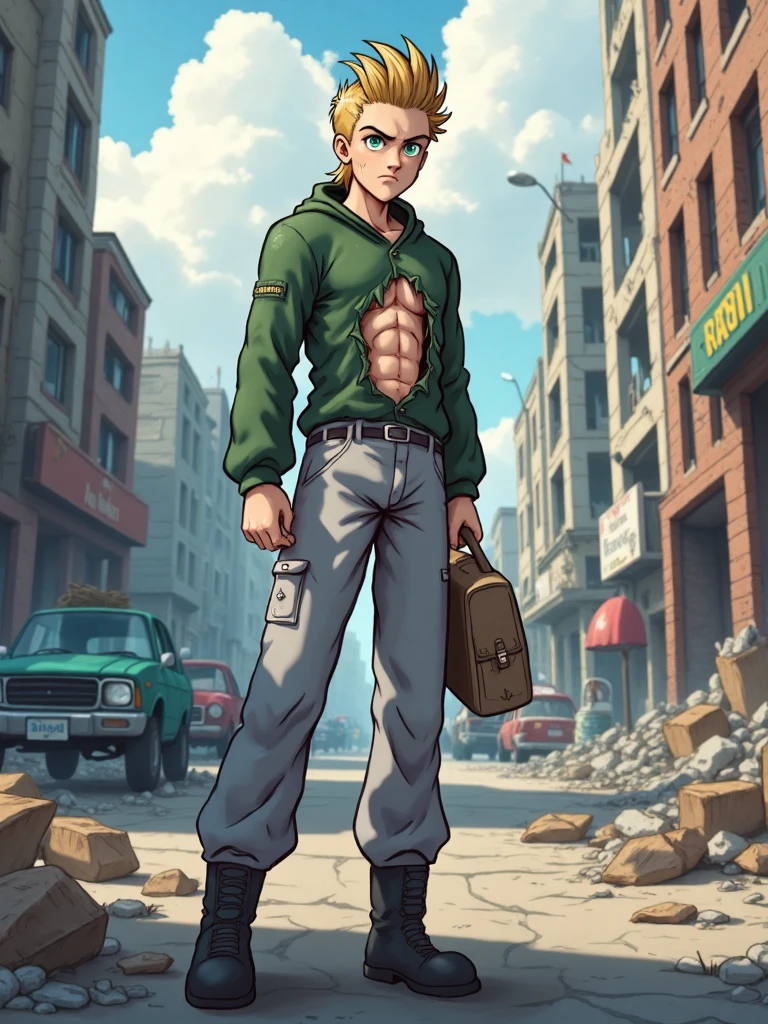 Solo, A Young man blonde hair green chaket whith hood and grey pants and black boots and green and blue eyes the chaket is broken and exposed the abs, lineart
BRAKE 
in street of big city post-apocalyptic , morning time , destroyed buildings,  abandoned cars, debris on the street
Ilustration high quality,  detailed background,  8k