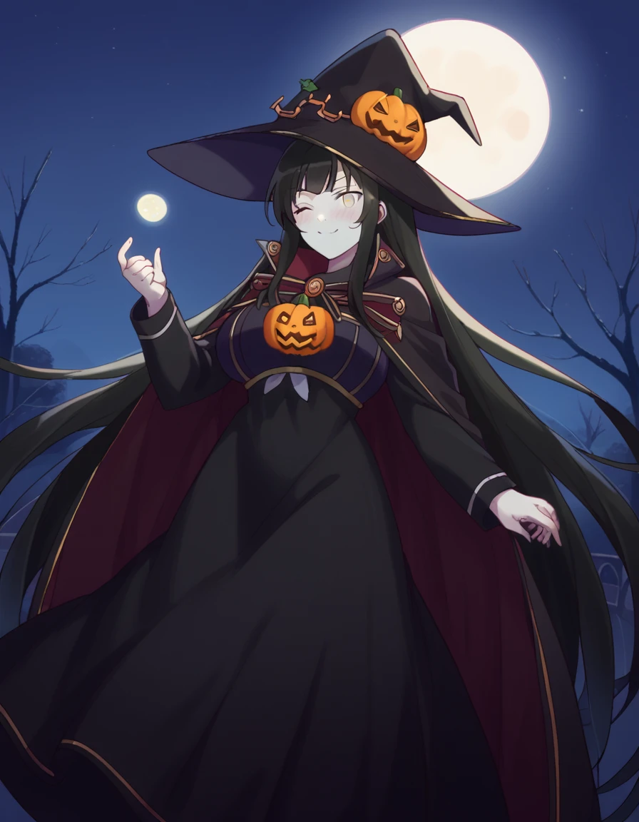 score_9, score_8_up, score_7_up, source_anime, <lora:sk-kagura-s1-ponyxl-lora-nochekaiser:1>, kagura, long hair, black hair, very long hair, yellow eyes, large breasts,, <lora:witch-ponyxl-lora-nochekaiser:1>, witch, hat, witch hat, dress, halloween, halloween costume, jewelry,, night, moon, blush, smile, one eye closed,, , dutch angle, cowboy shot