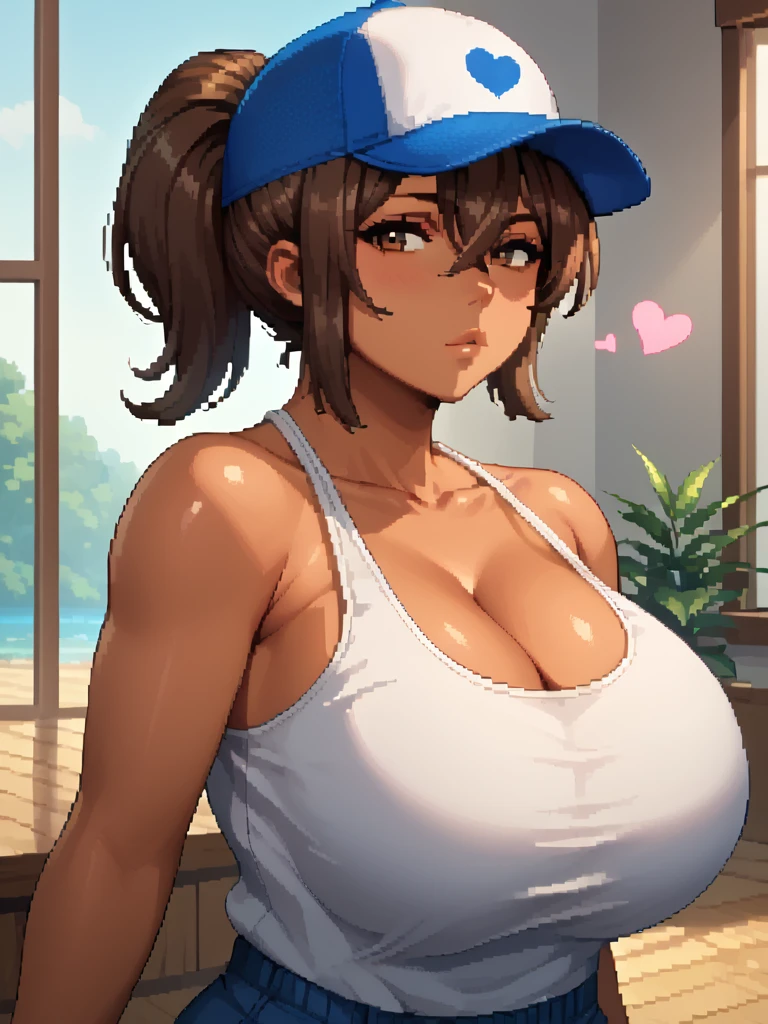 score_9, score_8_up, score_7_up, (1girl), <lora:Pixel_Art_Pony:1> Pixel_Art, source_anime, beautiful, MILF, mature female, <lora:Kanae_Hajimete_no_Hitozuma:0.6> kanae_hnh, brown eyes, brown hair, tan, ponytail, bangs, tan skin, hair between eyes, short hair, huge breasts, blue and white baseball cap, blue headwear, tank top, collarbone, cleavage, looking at viewer, seductive, heart, blowing kiss