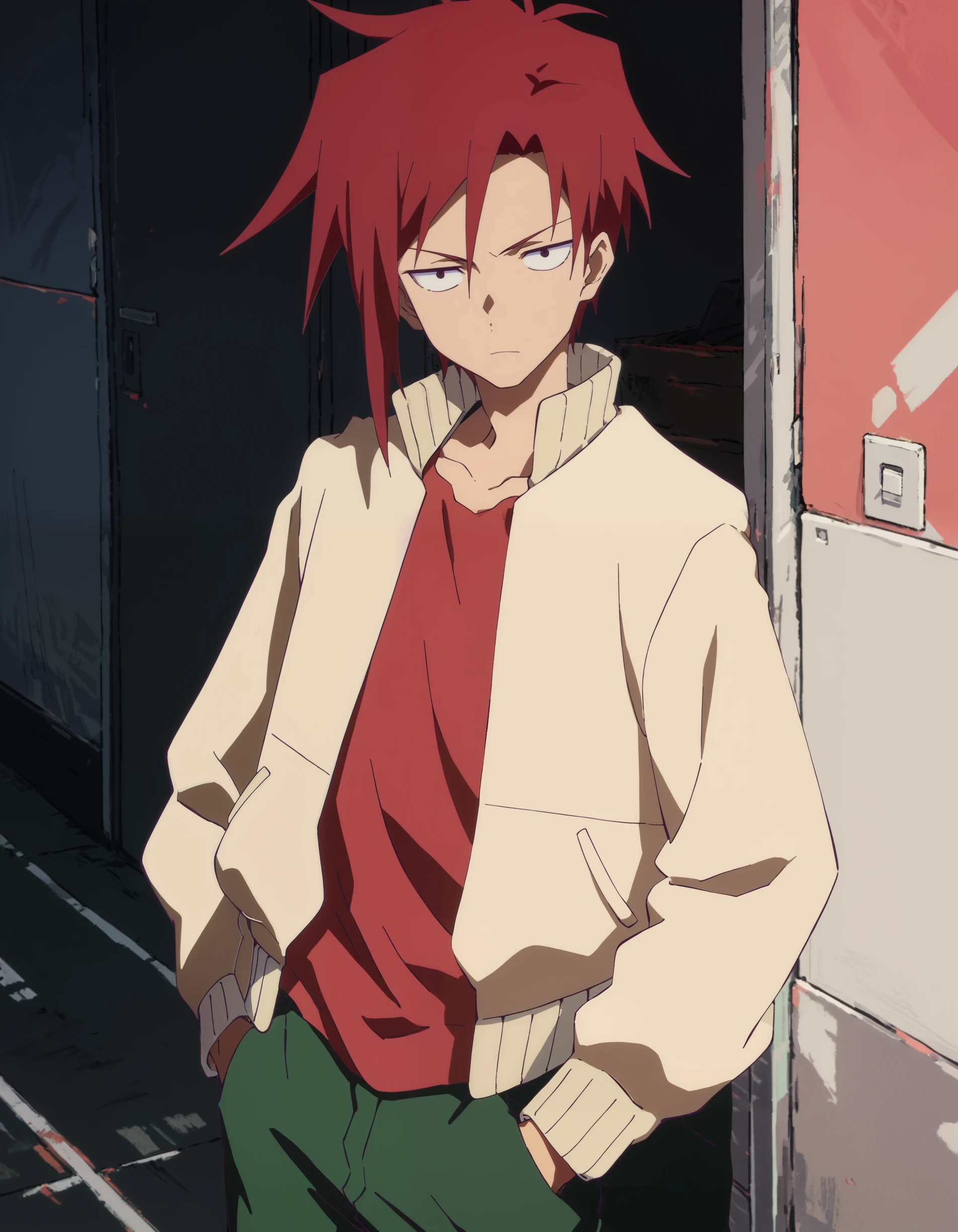 source_anime, score_9, score_8_up, score_7_up, score_6_up, idaten_sty1e, 1boy, male focus, solo, jacket, hands in pockets, pants, shirt, looking at viewer, red hair, sanpaku, open jacket, open clothes, <lora:idaten_deities:1>