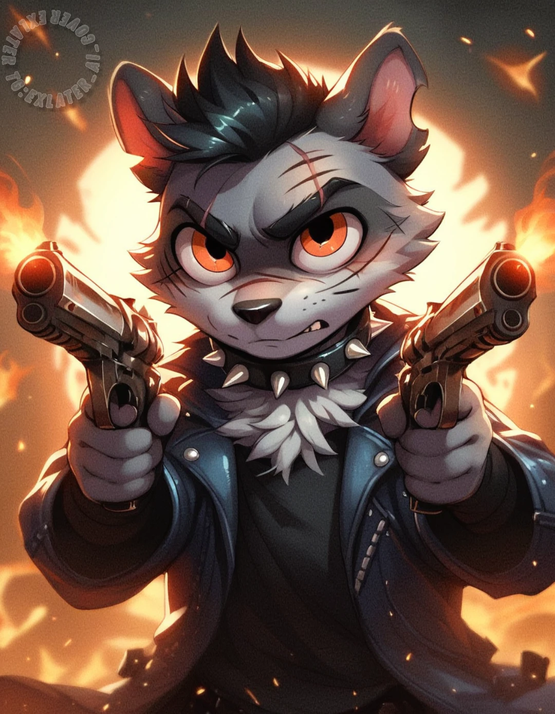 ShipXL, furry, anthro, Orange eyes, black pupil, Scar, torn off ear, Gray fur, Black hair, spiked collar,dual pistols