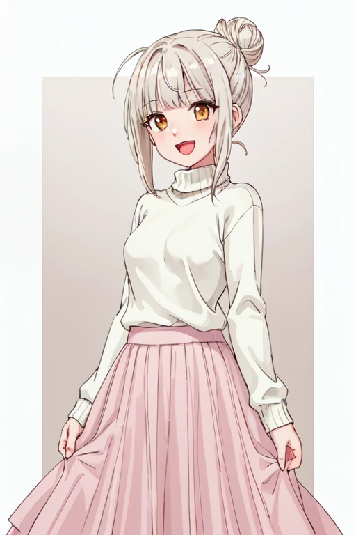 <lora:dsacrdn-12:0.5> dsacrdn, maxi skirt, pink skirt, 1girl, platinum blonde hair, messy bun, updo, face frame bangs, light brown eyes, small breasts, white sweater, :d