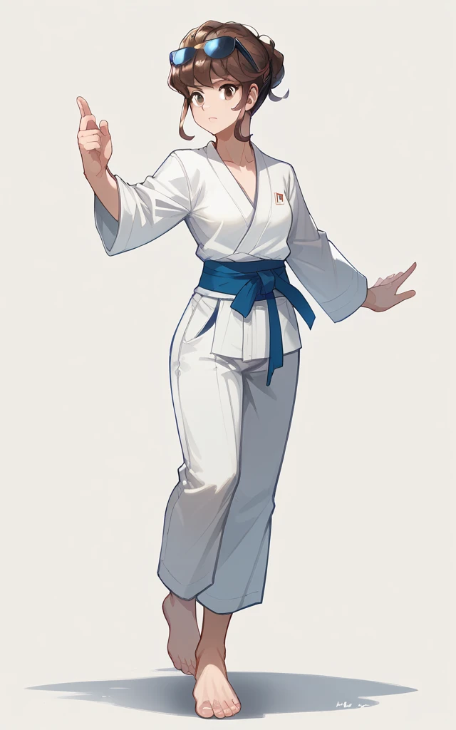 score_9, score_8_up, score_7_up,  <lora:XY_Beauty_epoch_10:1>, XY beauty, brown hair, updo, single bun hair, sidelocks, eyewear on head, sunglasses, full body, karate gi, barefoot,