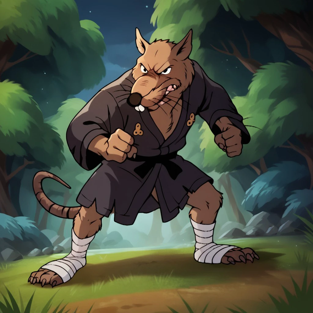 score_9, score_8_up, score_7_up, score_6_up, score_5_up, score_4_up, source_furry, Splinter87, anthro, male, rat,  brown fur, rat tail, in the forest, at night, black foot wraps, black kimono, fighting stance, <lora:f98219d2-3ae7-41dc-bcf2-7be4f2ca31f4:1.0>