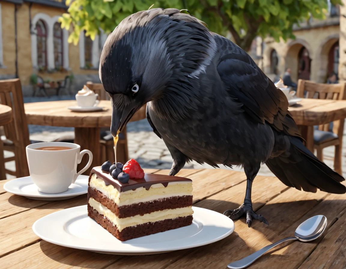 *BASE MODEL: realcartoonXL_v7.safetensors* jackdaw, corvid, bird, fullbody, solo, animal focus, no humans, brown wooden cafe table, standing on table, slice of cake on plate, (((eating cake, pecking cake))), teaspoon, cup with tea, outdoors, blurry background, day, 3d cartoon, cgi, masterpiece, best_quality, hi_res