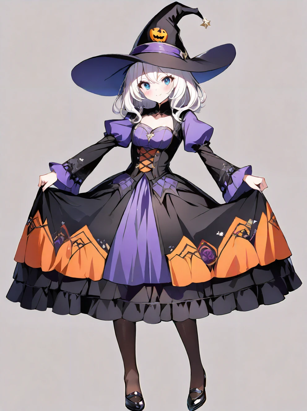 masterpiece,ultra-detailed,best quality,8K,illustration,cute face,clean skin ,shiny hair,girl,ultra-detailed-eyes,simple background <lora:witch_illustrious_V1.0:0.7> jyojifuku, witch, witch hat, dress, pantyhose, halloween, skirt