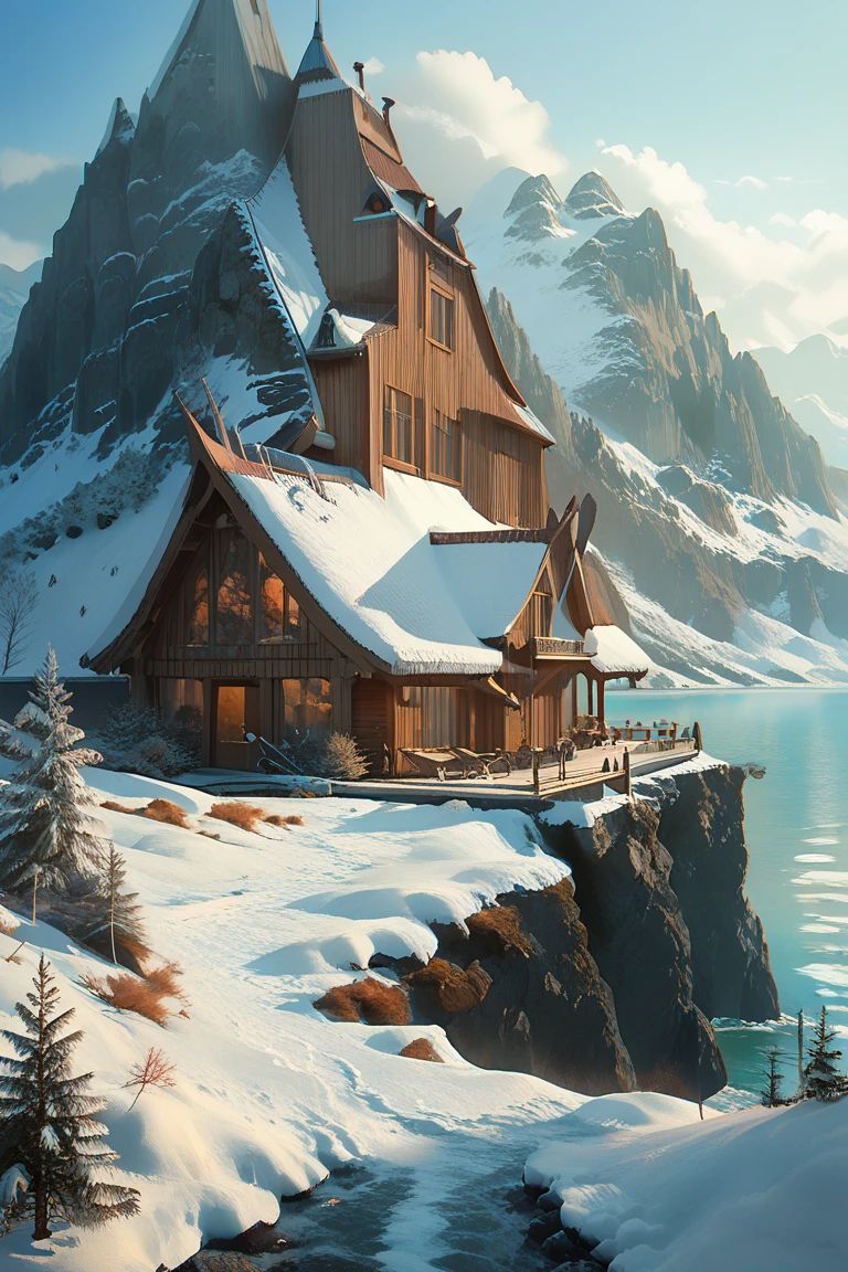 score_9, score_8_up, score_7_up, source_anime, rating_safe, day, natural lighting, fantasy-viking structure focus, DaVIKING, DaVIKING_architecture, DaVIKING_clutter, snow, water, scenery, intricately detailed illustration, atmospheric perspective, depth of field